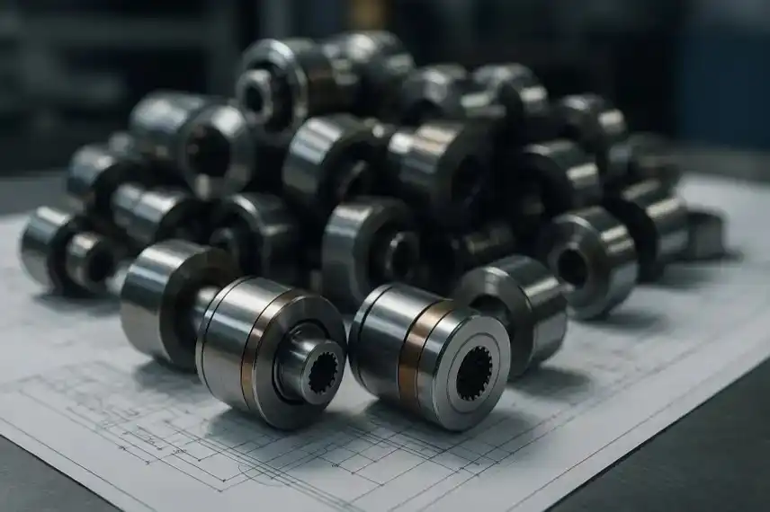 Mehrere metallische Magnetrotoren liegen auf technischen Blaupausen, fotografiert mit klarer Tiefenschärfe und neutraler Beleuchtung.