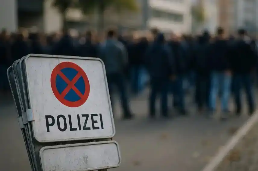 Mehrere Polizeischilder mit Aufschrift „Polizei“ im Vordergrund, unscharfe Menschenmenge im Hintergrund auf einer Stadtstraße.
