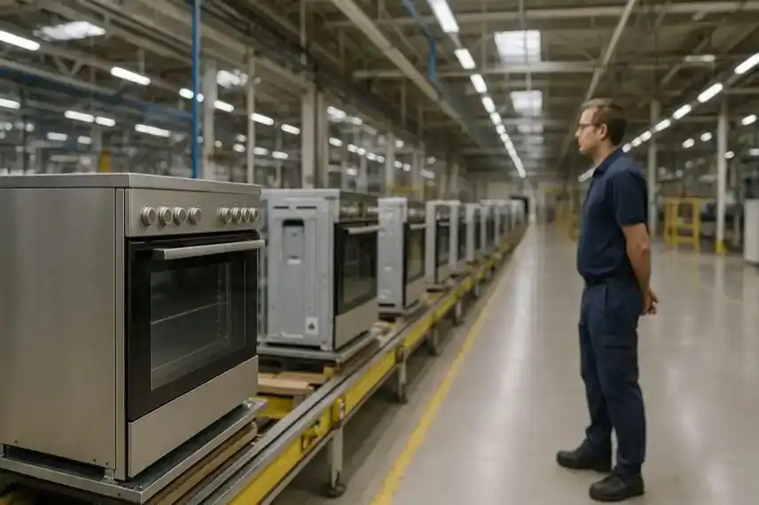 Ein Arbeiter steht in einer hellen Fabrikhalle neben einer Reihe von silbernen Backöfen auf einem Förderband.