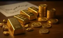 Mehrere Goldbarren, Münzen und Goldnuggets liegen auf einem Holztisch, im Hintergrund unscharfe Finanzdiagramme.