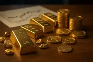 Mehrere Goldbarren, Münzen und Goldnuggets liegen auf einem Holztisch, im Hintergrund unscharfe Finanzdiagramme.