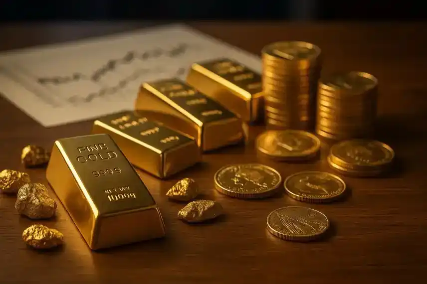 Mehrere Goldbarren, Münzen und Goldnuggets liegen auf einem Holztisch, im Hintergrund unscharfe Finanzdiagramme.