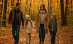 Familie mit zwei Kindern läuft durch einen sonnigen Herbstwald, umgeben von orangefarbenen und goldenen Blättern auf dem Waldboden.