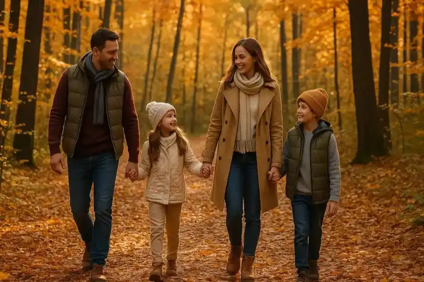 Familie mit zwei Kindern läuft durch einen sonnigen Herbstwald, umgeben von orangefarbenen und goldenen Blättern auf dem Waldboden.