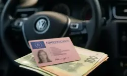 Ein deutscher Führerschein liegt auf mehreren Euro-Geldscheinen im Innenraum eines Autos.