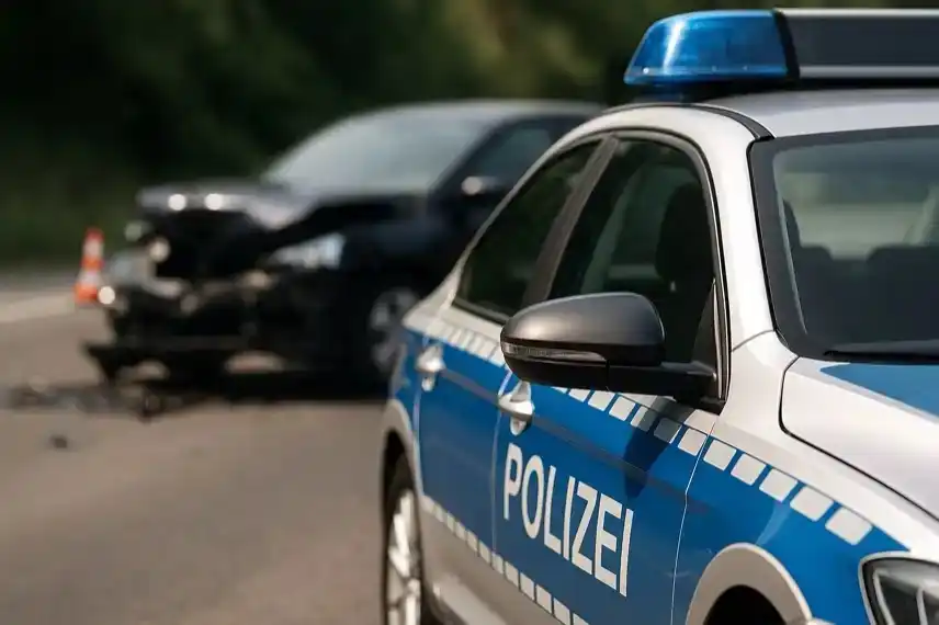 Polizeiauto mit blauer Aufschrift „Polizei“ im Vordergrund, im Hintergrund ein beschädigter schwarzer Pkw nach einem Unfall.