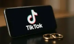 Zwei goldene Eheringe liegen vor einem Smartphone, das das TikTok-Logo zeigt.