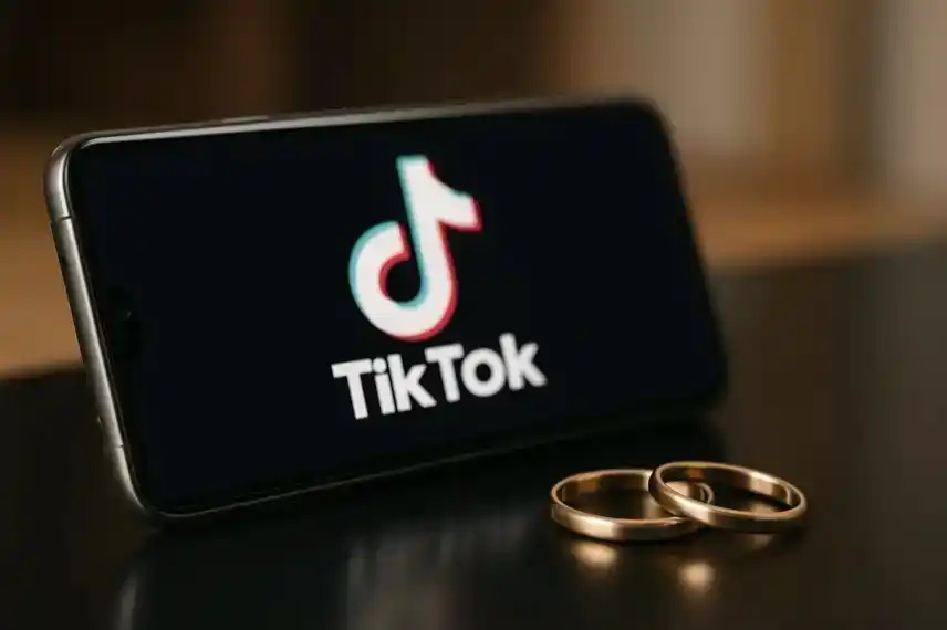 Zwei goldene Eheringe liegen vor einem Smartphone, das das TikTok-Logo zeigt.