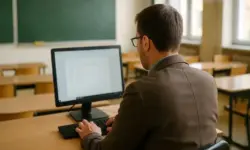 Ein Lehrer sitzt von hinten gesehen an einem Schreibtisch in einem Klassenzimmer und arbeitet an einem Computer, im Hintergrund sind Tische und eine Tafel zu sehen.