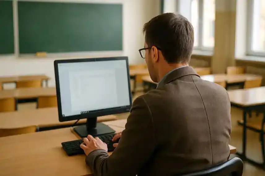 Ein Lehrer sitzt von hinten gesehen an einem Schreibtisch in einem Klassenzimmer und arbeitet an einem Computer, im Hintergrund sind Tische und eine Tafel zu sehen.