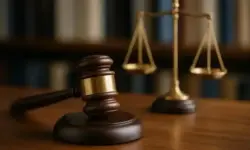 Richterhammer aus Holz und goldene Justizwaage auf einem Holztisch vor unscharfem Bücherregal.