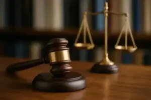 Richterhammer aus Holz und goldene Justizwaage auf einem Holztisch vor unscharfem Bücherregal.