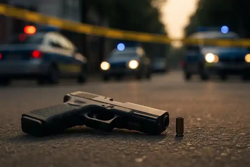 Eine Pistole und eine Patronenhülse liegen auf einer Straße, im Hintergrund sind unscharfe Polizeifahrzeuge mit Blaulicht zu sehen.
