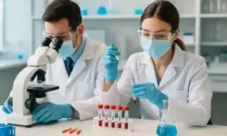 Zwei Laboranten in weißen Kitteln prüfen DNA-Proben mit Pipette und Mikroskop in einem hellen, modernen Labor.