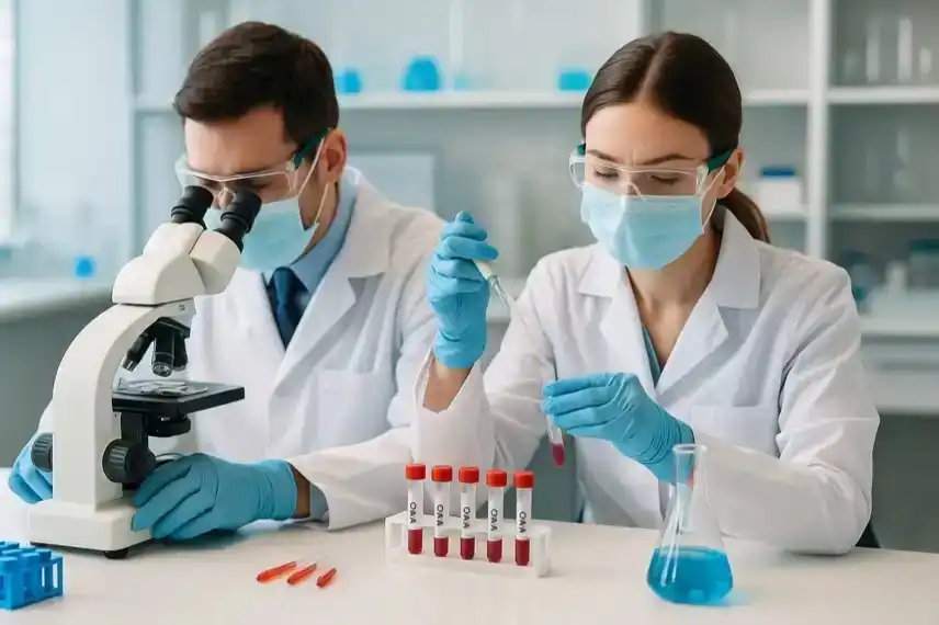 Zwei Laboranten in weißen Kitteln prüfen DNA-Proben mit Pipette und Mikroskop in einem hellen, modernen Labor.