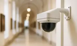 Fotorealistisches Bild einer modernen Überwachungskamera in einem hellen Museumsflur mit Tiefenschärfe.