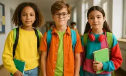 Drei Schulkinder mit bunten Pullovern und Rucksäcken stehen nebeneinander in einem hellen Schulflur und schauen direkt in die Kamera.