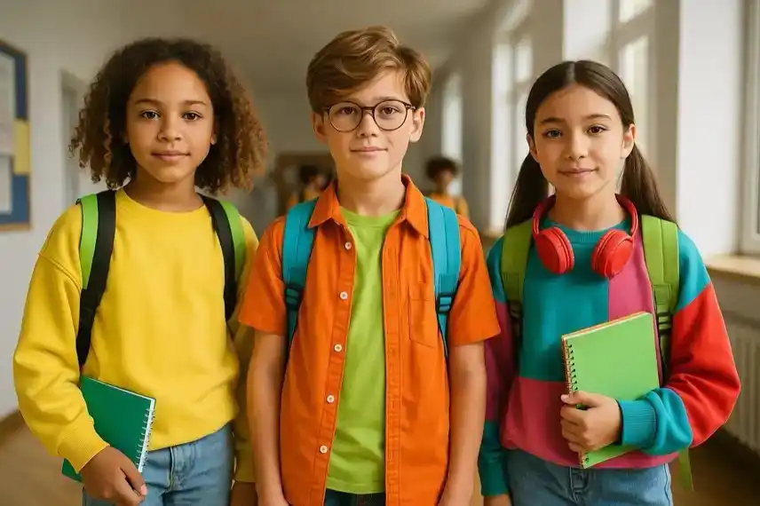 Drei Schulkinder mit bunten Pullovern und Rucksäcken stehen nebeneinander in einem hellen Schulflur und schauen direkt in die Kamera.