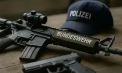 Nahaufnahme einer Bundeswehrwaffe, einer Polizeimütze und einer Pistole auf einem Holztisch.