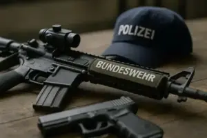 Nahaufnahme einer Bundeswehrwaffe, einer Polizeimütze und einer Pistole auf einem Holztisch.