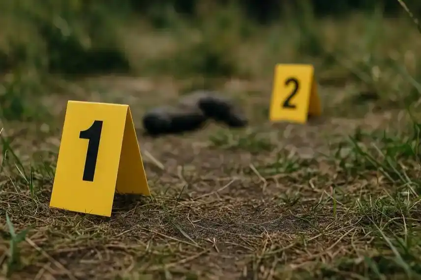Zwei gelbe Spurensicherungsmarkierungen mit den Nummern 1 und 2 stehen auf einer Wiese mit Erde und Gras, im Hintergrund leicht unscharf.