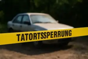 Gelbes Polizeiband mit der Aufschrift „Crime Scene Do Not Cross“ vor einem unscharfen, verlassenen Auto im Hintergrund.