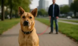 Ein brauner Hund sitzt auf einem Gehweg, im Hintergrund steht unscharf ein Mann mit Leine in einem urbanen Park.