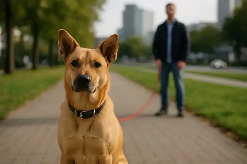 Ein brauner Hund sitzt auf einem Gehweg, im Hintergrund steht unscharf ein Mann mit Leine in einem urbanen Park.