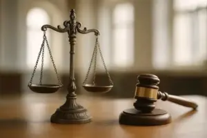 Bronzene Waage und Holzhammer auf einem Tisch in einem hellen Raum mit unscharfem Hintergrund.