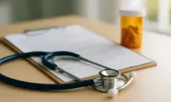 Ein Stethoskop auf einem Holzschreibtisch neben einer Medikamentenflasche und einem Arztformular.