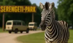 Zebra im Vordergrund, im Hintergrund unscharf der Eingang des Serengeti-Parks mit Safari-Fahrzeugen und grüner Landschaft.