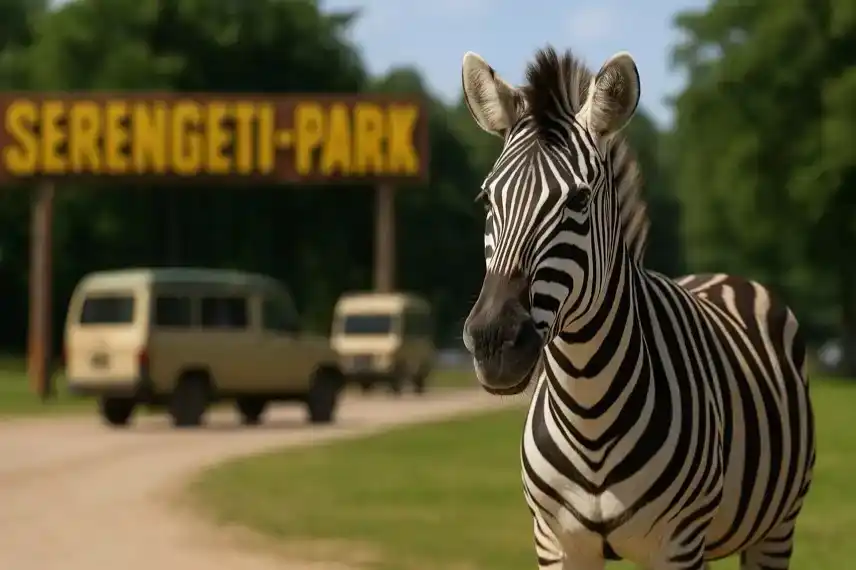 Zebra im Vordergrund, im Hintergrund unscharf der Eingang des Serengeti-Parks mit Safari-Fahrzeugen und grüner Landschaft.