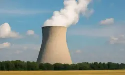 Ein einzelner Kühlturm eines Kernkraftwerks mit aufsteigendem Dampf, umgeben von Bäumen und einem goldenen Feld unter blauem Himmel.