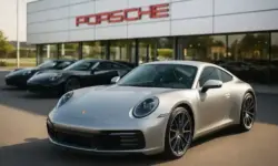 Fotorealistisches Bild mehrerer Porsche-Sportwagen vor einem modernen Autohaus bei sonnigem Wetter, Fokus auf einem silbernen Fahrzeug im Vordergrund.