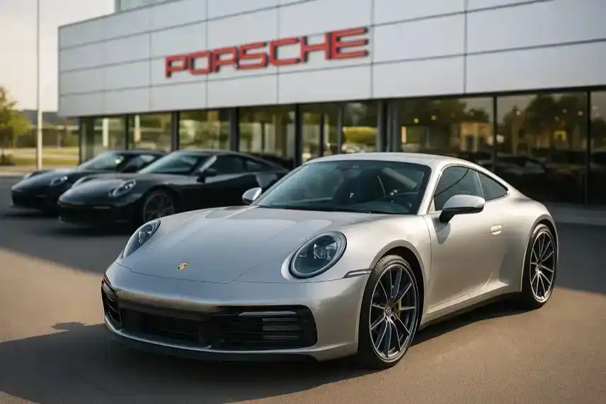 Fotorealistisches Bild mehrerer Porsche-Sportwagen vor einem modernen Autohaus bei sonnigem Wetter, Fokus auf einem silbernen Fahrzeug im Vordergrund.