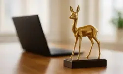 Goldene Rehfigur auf dunklem Holzsockel, im Hintergrund ein unscharfer Laptop auf einem Tisch.