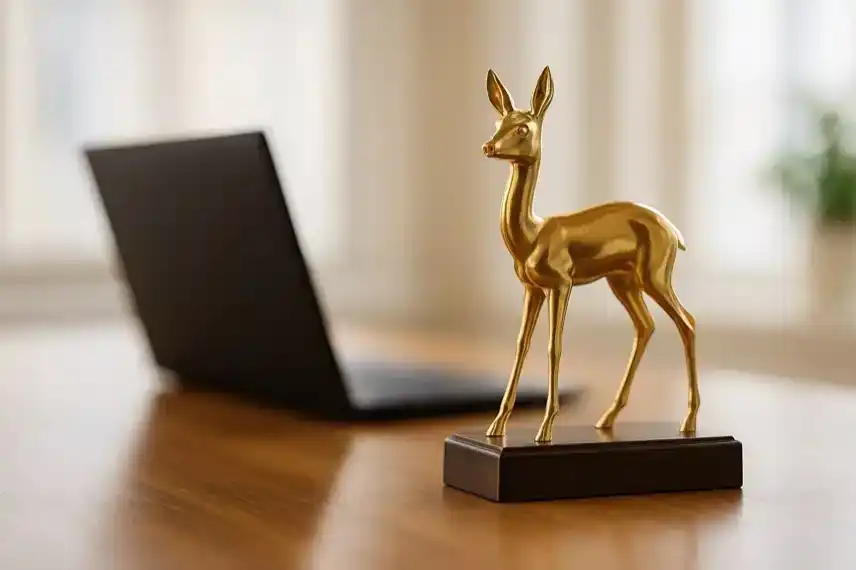 Goldene Rehfigur auf dunklem Holzsockel, im Hintergrund ein unscharfer Laptop auf einem Tisch.