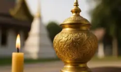 Goldene Urne mit feinen Verzierungen neben einer brennenden Kerze vor einem thailändischen Tempel im Hintergrund.