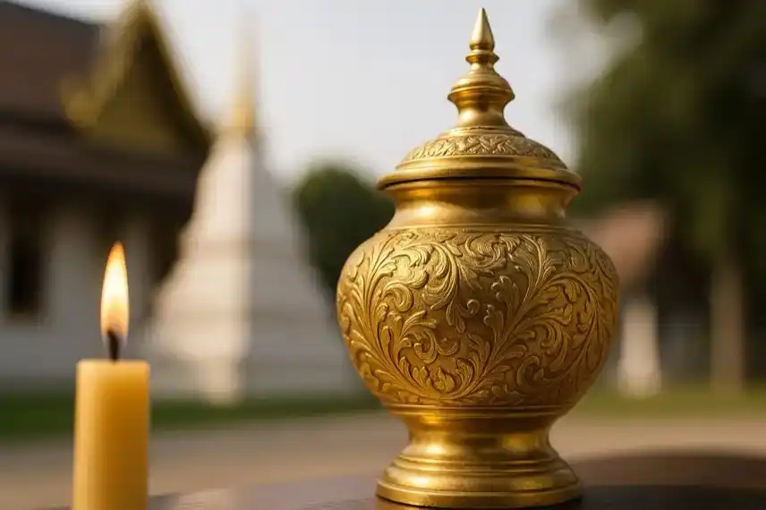 Goldene Urne mit feinen Verzierungen neben einer brennenden Kerze vor einem thailändischen Tempel im Hintergrund.