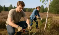 Ein Mann und eine Frau schneiden junge Birken in einer sonnigen Heidelandschaft, um die offene Heidefläche zu pflegen.
