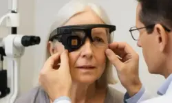 Eine ältere Frau erhält von einem Augenarzt ein modernes Sehimplantat, das bei Makuladegeneration zentrale Sicht zurückgeben soll.