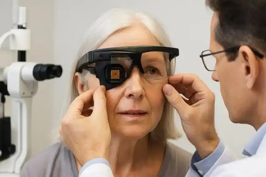 Eine ältere Frau erhält von einem Augenarzt ein modernes Sehimplantat, das bei Makuladegeneration zentrale Sicht zurückgeben soll.
