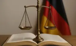 Waage der Gerechtigkeit auf einem offenen Gesetzbuch, im Hintergrund unscharf die deutsche Flagge.
