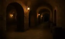 Gewölbter Steinkeller mit Laternenbeleuchtung und Holzfässern, aufgenommen in realistischer Tiefenschärfe.