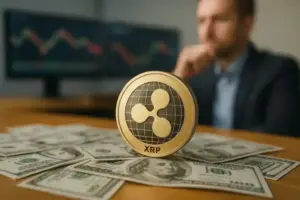 Goldene XRP-Münze auf US-Dollar-Scheinen mit unscharfem Hintergrund und Monitoren im Büro.