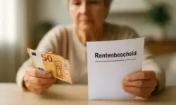 Ältere Frau sitzt an einem Tisch, hält Euro-Banknoten in einer Hand und ein Dokument mit der Aufschrift „Rentenbescheid“ in der anderen.