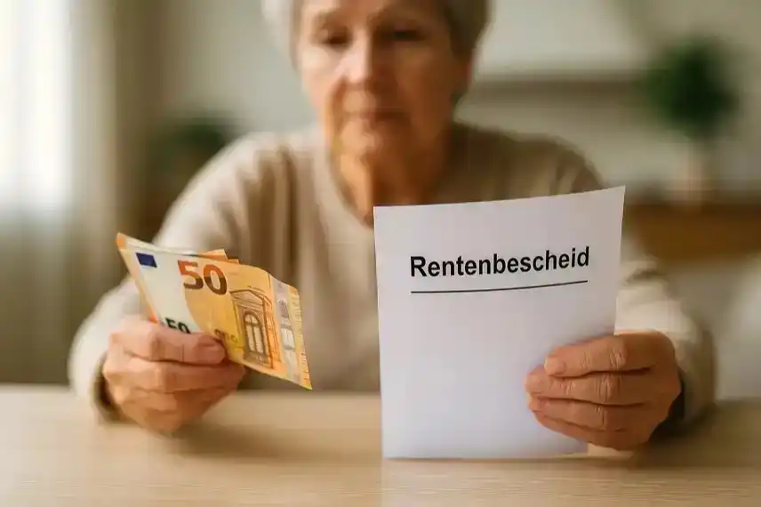 Ältere Frau sitzt an einem Tisch, hält Euro-Banknoten in einer Hand und ein Dokument mit der Aufschrift „Rentenbescheid“ in der anderen.