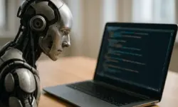 Ein Symbolbild zeigt einen humanoiden Roboter vor einem Laptop mit Code. Die Aufnahme ist eine Nachstellung und dient als Symbol für künstliche Intelligenz.