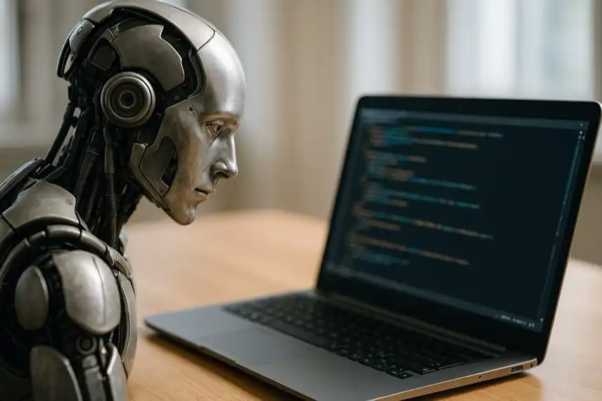 Ein Symbolbild zeigt einen humanoiden Roboter vor einem Laptop mit Code. Die Aufnahme ist eine Nachstellung und dient als Symbol für künstliche Intelligenz.