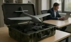 Ein graues Drohnenmodell liegt in einem geöffneten Tarnkoffer auf einem Schreibtisch, im Hintergrund arbeitet ein Mann an einem Laptop.